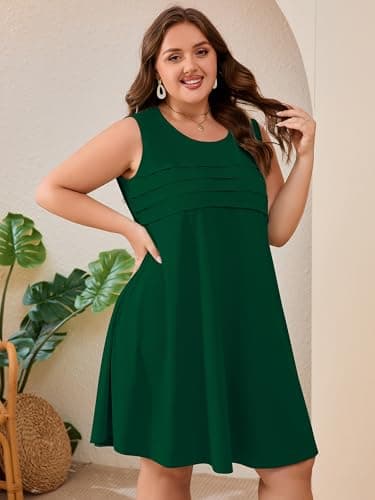 AusLook Plus Size Midi Dress for Women Sleeveless Crew Neck Summer Casual Floral Loose Flowy 2026 Olive Green 3X Tank Sundress Beach Vacation Dress with Pockets - Thumbnail 3
