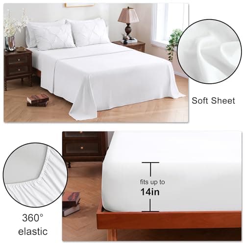 DOWNCOOL 7 Pieces White Full Size Comforter Sets, Pintuck Pinch Pleat Bed in a Bag, Soft Microfiber All Season Bedding Set for Bedroom with Sheets, Pillowcases & Shams - Thumbnail 4
