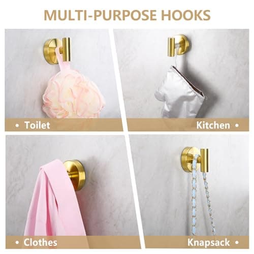 MNGD Towel Hooks Shower Suction Hook Towel Hanger for Bathroom Hanging Coat, Robe, Removable Wall Mounted Hook for Bedroom Kitchen Hotel Pool Brushed Gold(2-Pack) - Thumbnail 3