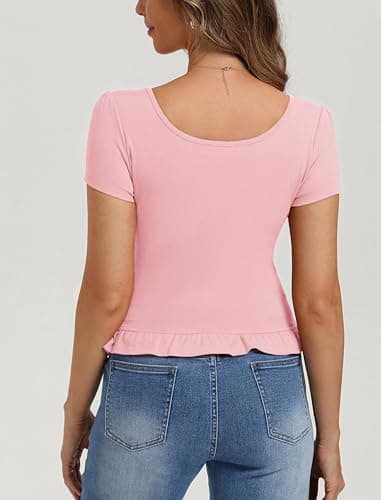 Belle Poque 2026 Summer Cute Tops for Women Pink Short Sleeve Crop Tops Square Neck Ruffle Hem T Shirts XXL - Thumbnail 2