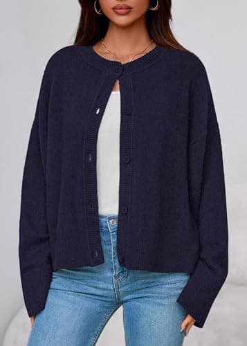 KIRUNDO Cardigan Sweaters for Women 2026 Fall Oversized Puff Long Sleeve Button Up Casual Spring Chunky Vacation Outfits(Navy, Medium) - Thumbnail 3