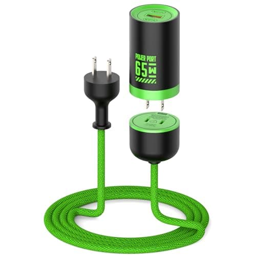 MFish 65W GaN Fast Wall Charger Block with 2 USB-C & 1 USB-A Ports, 5ft Nylon Extension Adapter – High-Speed Charging for iPhone, iPad, MacBook, Samsung Galaxy, and More Devices (Cyber Green) - Image 1