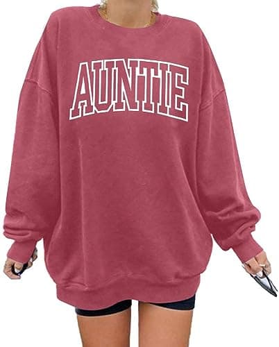 LOTUCY Womens Aunt Sweatshirt Cool Aunt Crewneck Sweatshirt Auntie Letter Print Long Sleeve Pullover Top Dark Pink - Image 1