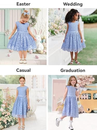 ALLOVIN Girls & Toddlers Sleeveless A-Line Lace Party Dress Birthday Wedding & Flower Girl Dress with Beaded Bowknot | Blue | 2T - Thumbnail 6