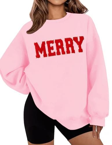 LETSEE Christmas Sweatshirts for Women Cute Merry Chenille Patch Crewneck Graphic Oversized Pullover Tops, Pink, Large - Image 1