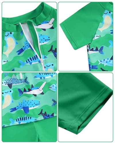JiAmy Toddler Baby Boys Rash Guard Set with Swim Trunks for Kids 3PCS Short Sleeve Rashguard Swim Set Sunsuits Bathing Suits Green 6-12 Months - Thumbnail 5