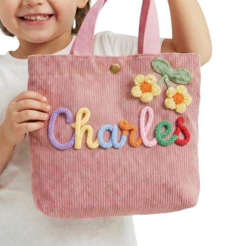 Personalized Corduroy Tote Bag with Custom Name, 3D Crochet Flower Tote Bag for Girls, School Travel Purse, Birthday Gift for Daughter Granddaughter | Customizable - Thumbnail 4