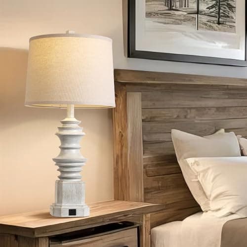 QiMH Table Lamps for Nightstand Set of 2, Bedside Lamp with USB A+C Charging Ports, Farmhouse Table Lamp with Linen Lampshade, Lamps for Living Room, Bedroom Lamps with LED Bulbs, Grey - Thumbnail 5