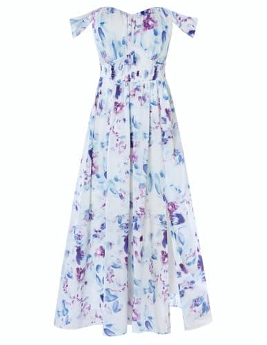GRACE KARIN Summer Floral Dress for Women 2026,Off the Shoulder Smocked Bridesmaid Dresses,Formal Baby Shower Maxi Dresses White-Purple XXL - Image 1
