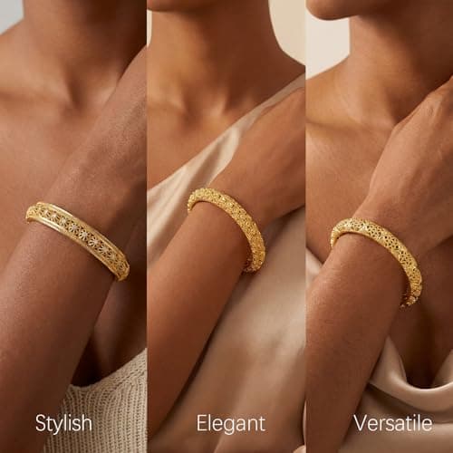 ULira Flor 18K Gold Plated Bangle Bracelets Set for Women, 3 Pcs Hollow Out Carving Dubai Temple Indian African Kashmiri Designs Bangles, Waterproof Non Tarnish Fashion Jewelry Gift for Mom Her Birthday Valentine Mother's Day Christmas - Thumbnail 4