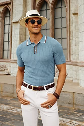 PJ PAUL JONES Blue Polo Shirs for Men Vintage Italian Knitting Golf Polo Shirts for Men Summer Breathable Date Night XXL - Thumbnail 2