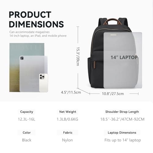 GOLF QUALITY Laptop Backpack for Women Fit 14 Inch Stylish Daypack Notebook Travel Work Commuter Casual Daypack Backpack Purse for Women Travel Business (Black) - Thumbnail 3