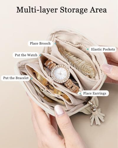 WENICER Small Travel Jewelry Case, Jewelry Pouch Bags with Zipper,Velvet Jewelry Organizer Storage Bag for Bracelet Rings Earring, Valentines Gifts for Women-Cream White - Thumbnail 2