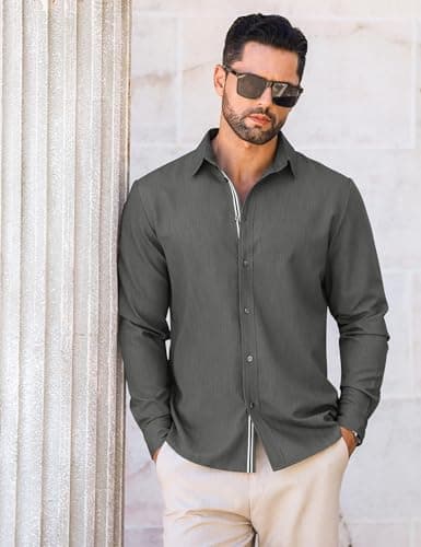 LETSEE Men's Button Down Dress Shirt Long Sleeve Untucked Business Casual Shirt Wrinkle Free Stretch Denim Texture - Thumbnail 3