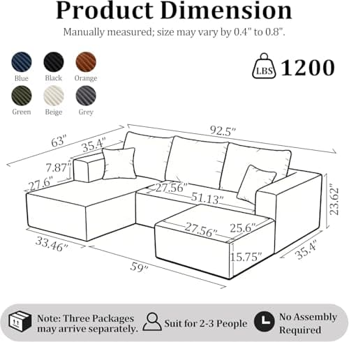 BSHOMGI 92.5'' U-Shaped Boneless Couches, Comfy Corduroy 3 Seaters Sofas with Ottoman, Modern High Back Sectional Sofa for Living Room with Oversized Chaise Deep Seat Sofa, No Assembly Needed - Thumbnail 2