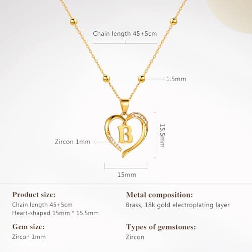 Cicy Bell Womens Heart Initial Necklace for Women 18k Gold Plated Cubic Zirconia Dainty Letter Pendant Necklace 17.7'' with 2'' Extender - Thumbnail 6