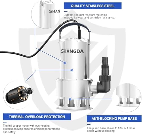 SHANGDA Sump Pump 1.5HP Submersible Water Pump 4500GPH Stainless Steel Electric Clean/Dirty Water Draining Transfer Pumps with Adapters for Pool Hot Tub Pond - Thumbnail 5