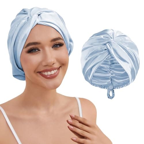 HFRHTGY Adjustable Silk Satin Hair Bonnet for Sleeping Women Hair Wrap, Double Layer Night Turban, Sleep Cap for Natural Curly Straight Unisex - Sky Blue - Image 1