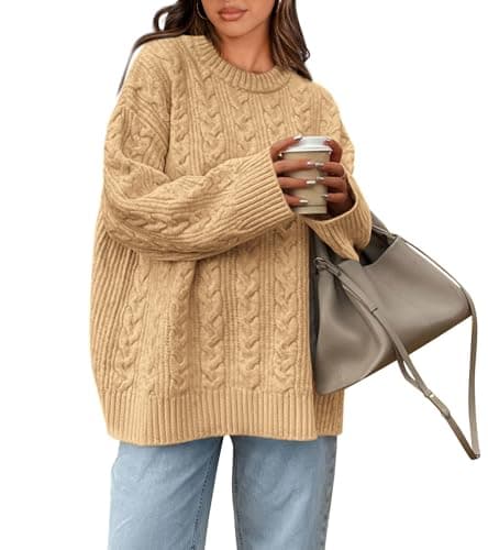 Okiwam Women's Oversized Sweaters Crewneck Cable Knit Pullover Casual Loose Fall Outfits Spring Fashion Clothes 2026-XXL Light Khaki - Image 1