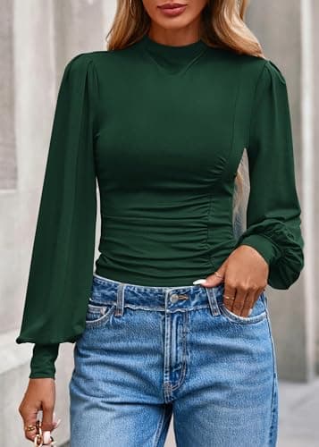 KIRUNDO Blouses for Women Dressy Casual 2026 Fall Ruched Puff Long Sleeve Shirts Mock Neck Underscrub Fitted Trendy Tops (Dark Green, X-Small) - Thumbnail 3