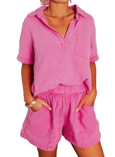 Dokotoo 2 Piece Outfits for Women Fashion Lounge Sets 2026 Summer Sexy Two Piece Solid Textured V Neck Polo Shirts and High Waist Shorts Pants with Pockets Ladies Vacation Tracksuits Rose M - Image 1