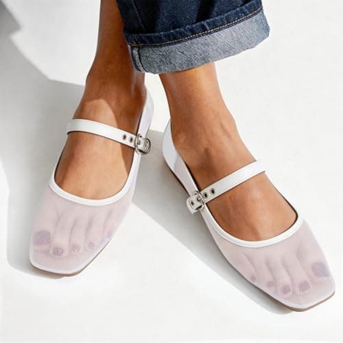 ATHMILE Women's White Mesh Flats for Women Mary Janes Shoes Women Square Toe Ballet Flats with Adjustable Strap, Slip-On Comfortable Casual Dress Shoes for Office, Date Night and Daily Wear Size 9 - Thumbnail 2