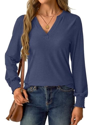 GKBK Womens Long Sleeve Shirts Fall Tops V Neck Business Dressy Casual Blouses with Smocked Cuffs Navy - Thumbnail 5