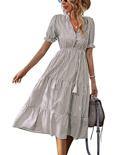 Sexyasasii Women's Dress Summer Tie Neck Short Sleeve Casual High Waist Striped Shirt Dresses(GreenStripe,XL) - Image 1