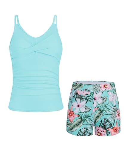 Alakuoti Tween Girls Tankini Swimsuit 2 Piece Bathing Suit Criss Cross Ruched Girl Swimwear with Chest Pad Size 8 Lake Green Floral - Thumbnail 3