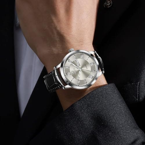 Taxau Mens Leather Watch Mens Wrist Watches Waterproof Analog Watches for Men Dress Watch Grey Dial Black Leather Band Luminous for Large Wrist Roman Number reloj de Hombre - Thumbnail 3