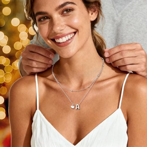 adoyi Silver Heart Initial Necklaces for Women 14k Gold Plated Layered bubble Letter Necklace Dainty Heart Q Pendant Necklace Stack Birthday Valentines Gifts for Women Jewelry - Thumbnail 5