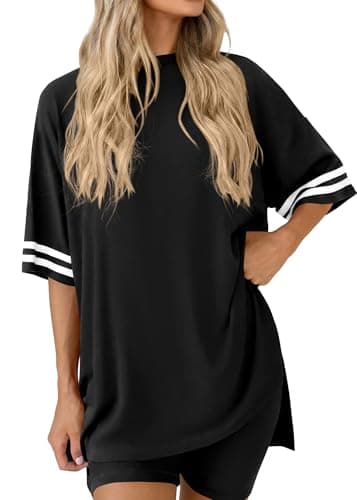 KIRUNDO Women's 2 Piece Lounge Set Airport Travel Outfit 2026 Summer Oversized Shirts Matching Biker Shorts Fashion Clothing(Black, X-Large) - Thumbnail 6