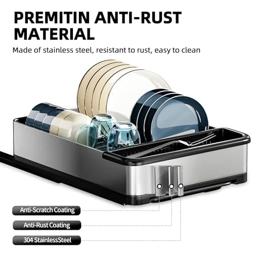 Ewaiira Stainless Steel Dish Drying Rack with Drainboard, Pull Out Cabinet Organizer 12.6" Wx16.5 D, Heavy Duty Slide Out Drawers for Plates, Kitchen Cabinets Pantry Storage - Thumbnail 5