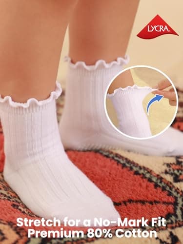 ALLOVIN 6 Pairs Non-Slip Ruffle Socks for Baby & Toddler Girls – Soft Cotton Grip Socks | Pure White/Off-White/Pink | 1-3 Years - Thumbnail 6