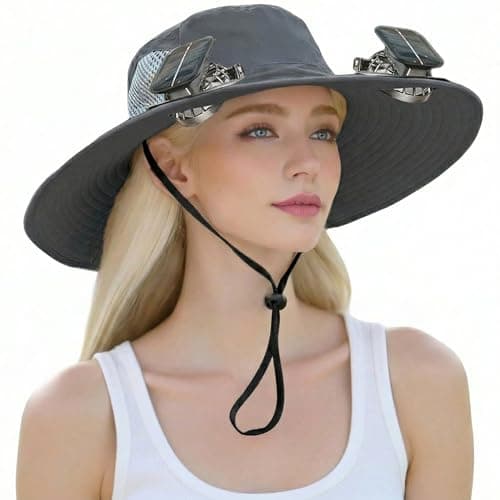 Outdoor Wide Brim Sun Hat with 2 Solar Powered Fan, Bucket Hat for Men Women, Fishing, Gardening & Beach Hat for Men, USB Charging, UPF 50+ Black - Image 1