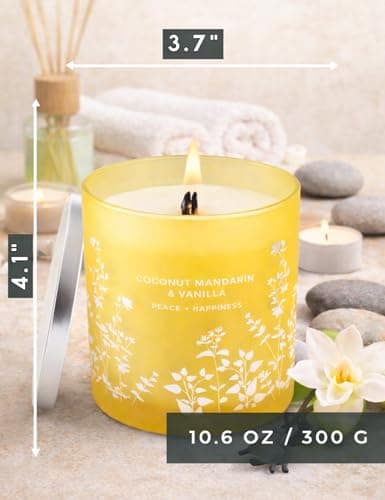 Coconut Mandarin Vanilla Wood Wick Candle | 10.6oz Yellow Glass Jar Soy Scented Candle for Home | Tropical Citrus Candles | Coconut Vanilla Aromatherapy Candle | Summer Beach Gift for Women & Men - Thumbnail 4