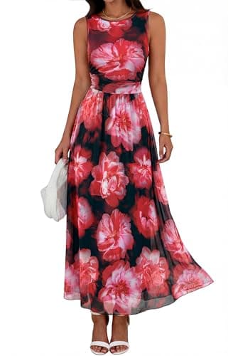 BTFBM Summer Dresses for Women 2026 Floral Maxi Dress Sleeveless Mesh Flowy Spring Wedding Guest Dress Long Sundresses(Black Red Flower, Large) - Image 1