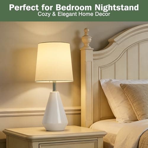 bdayanx Small Bedside Table Lamp for Bedroom - Reading Desk Lamp with 3 Color Temperatures，15.5" Nightstand Ceramic Lamp with Fabric Shade for Kids Room,Living Room,Dorm,Home Office (White) - Thumbnail 4