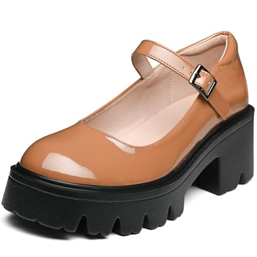 Elvora Women's Mary Jane Shoes - Platform Mary Janes for Women, Brown Leather Round Toe Chunky Dress Shoes with Adjustable Ankle Strap - Image 1