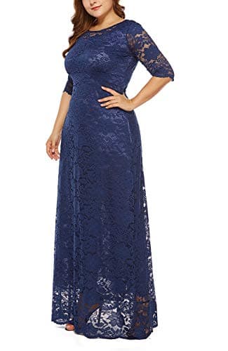 Eternatastic Womens Floral Lace 2/3 Sleeves Maxi Dress Evening Party Long Dress 5XL Deep Blue - Thumbnail 5