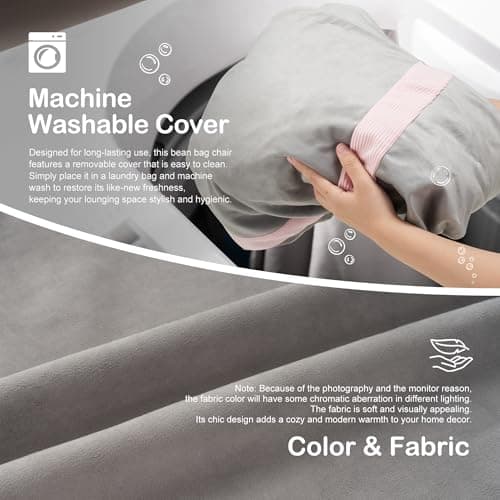 HABUTWAY 5ft Bean Bag Chair Giant Bean Bag Chairs for Adults with Memory Foam Filled, Large Beanbag Chair with Removable Dutch Velvet Cover for Living Room, Bedroom, Dorm, Light Grey & Pink - Thumbnail 6
