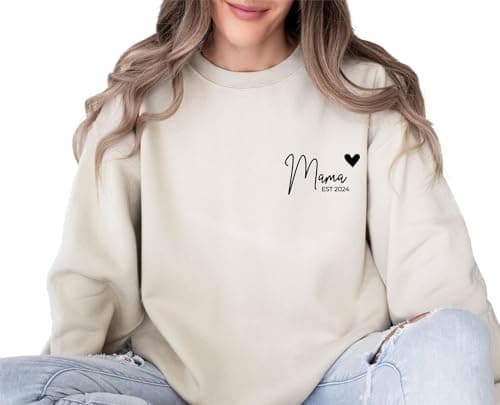 ROSLILY Personalized Mama Est 2024 Shirts for Women Custom Mom Sweatshirt Hoodie with Kid Name on Sleeve Pullover Tops Mothers Day Gifts for New Mom Birthday, M - Image 1