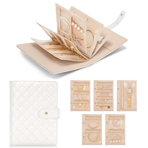 WOOMADA Travel Jewelry Organizer Case, Foldable Velvet Jewelry Storage Book with Clear Zipper Pouch for Rings, Necklaces, Earrings, Bracelets(Cream) - Image 1