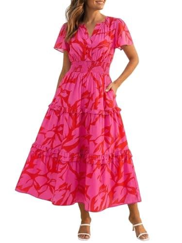 Wenrine Womens Summer Short Sleeve Maxi Dresses Casual Floral V Neck Smocked Tiered Flowy Boho Beach Sundress - Image 1