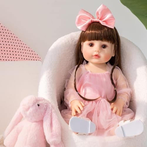PUAMUBUA Reborn Baby Dolls 22 Inch Realistic Baby Girl Doll with Hair Silicone Full Vinyl Body Newborn Doll Real Life Like Muñecas Reales para Niñas Toddler Clothes Gift Set for Kid Age3+ (Pink Girl) - Thumbnail 2