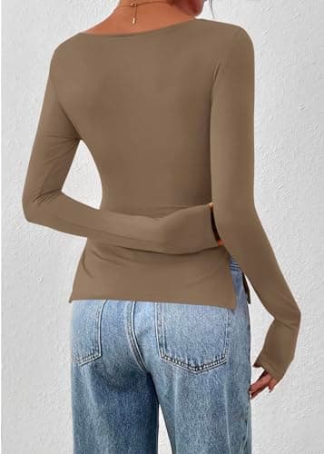 KIRUNDO Long Sleeve Going Out Tops for Women 2026 Spring Casual Boat Neck Workout Shirts Fall Fitted Side Slit Basic Tees(Khaki, Small) - Thumbnail 2