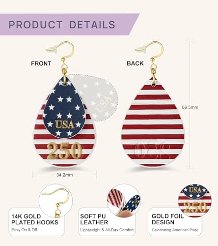 wowshow Patriotic Earrings for Women, 250th Anniversary Teardrop Dangle Earrings for 4th of July Red White and Blue American Flag Jewelry Lightweight Independence Day Accessories - Thumbnail 5