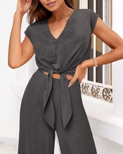 PRETTYGARDEN Women's Summer 2 Piece Outfits 2026 Cap Sleeve V Neck Belted Crop Tops Wide Leg Pant Sets Casual Tracksuit(Solid Dark Grey,Medium) - Thumbnail 4