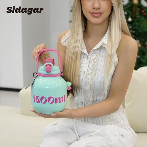Sidagar 60 oz Big Gallon Water Bottle with Straw and Carry Handle, Green Wide Mouth Vacuum Water Jug, Insulated Stainless Steel Bottles Easy Carry Tumbler for Women - Thumbnail 4