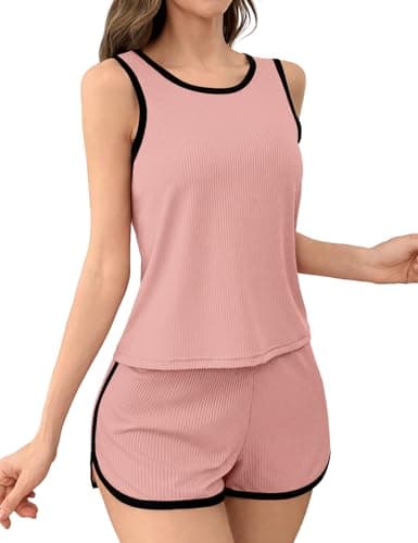 JUSTFASHIONNOW Women's 2-Piece Contrast Trim Pajama Set - Casual Tank Top & Shorts, Soft Ribbed Loungewear(Dusty Pink Medium) - Image 1
